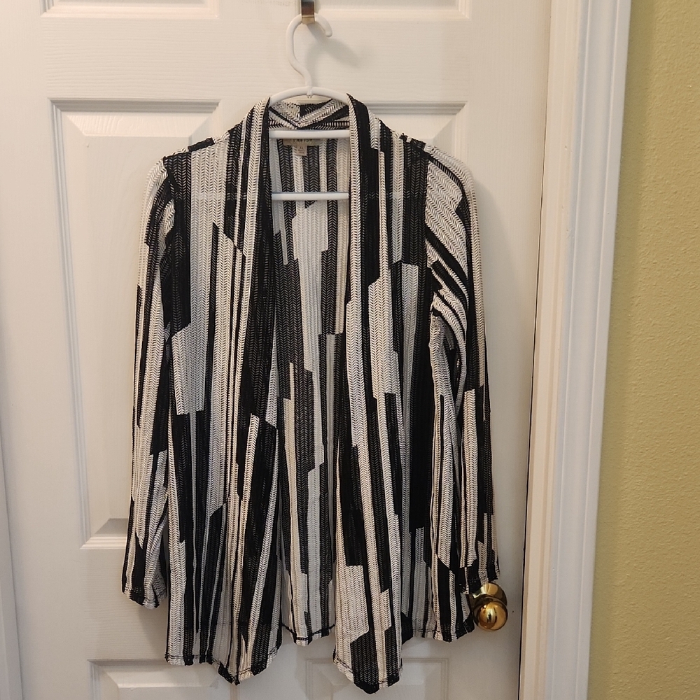Black and White Striped Open Cardigan